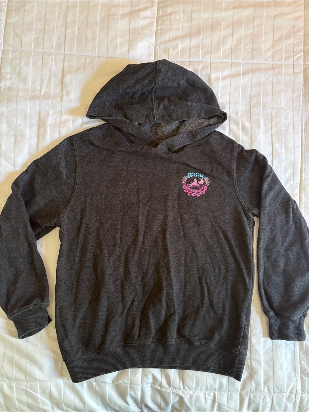 Volcom Kids Charcoal Pullover Hoodie with Pink Logo Accent